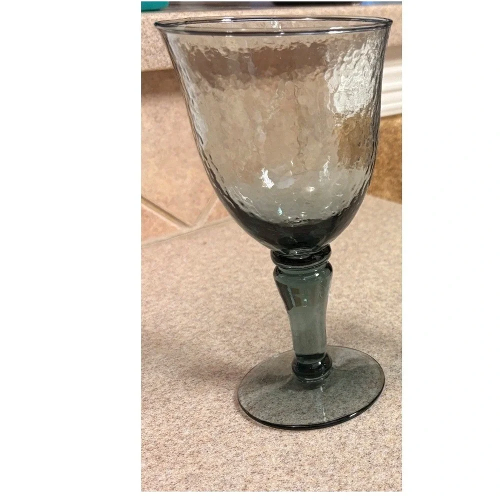 Pottery Barn Set of 2 Smoke Gray Hammered Glass Wine Water Rustic Goblet  7.5in